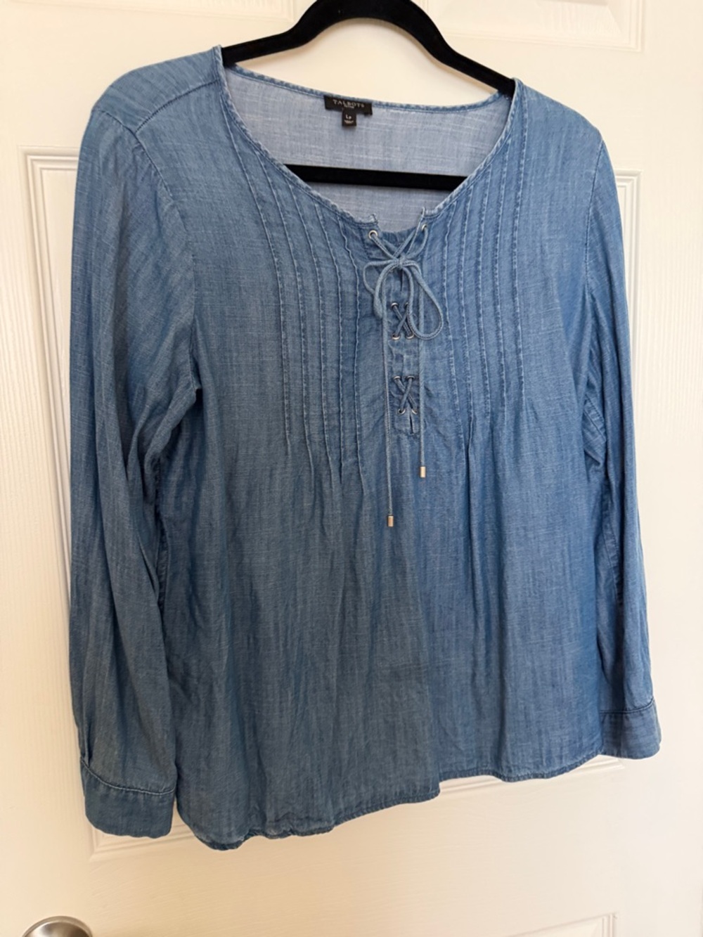 Talbots Light Blue Chambray Lace-Up Long-Sleeve Tunic
